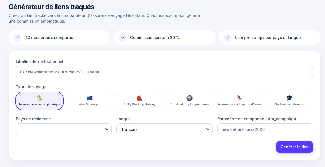 Le générateur de lien de suivi HelloSafe Atlas : type de voyage, pays de résidence, langue et paramètre de campagne