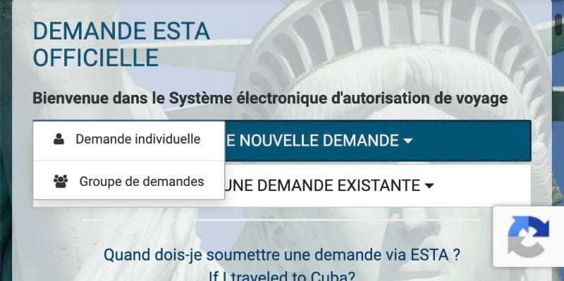 El menú «Crear nueva solicitud» abierto, con sus dos opciones: solicitud individual, grupo de solicitudes