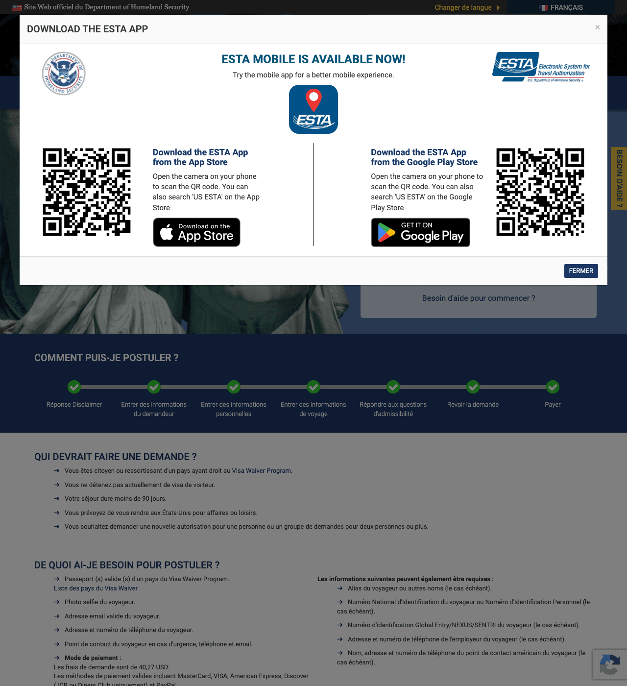 Página de inicio oficial del ESTA con la ventana de descarga de la app abierta encima