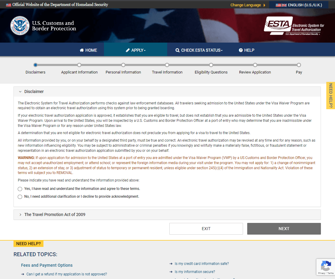 La página del descargo de responsabilidad: leer y marcar «Yes, I have read and understand»