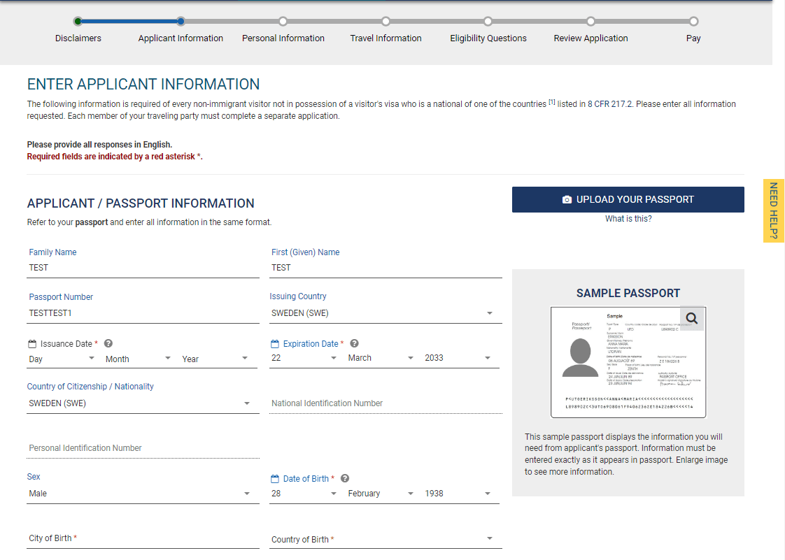 Applicant / passport information, rellenado por la lectura del pasaporte