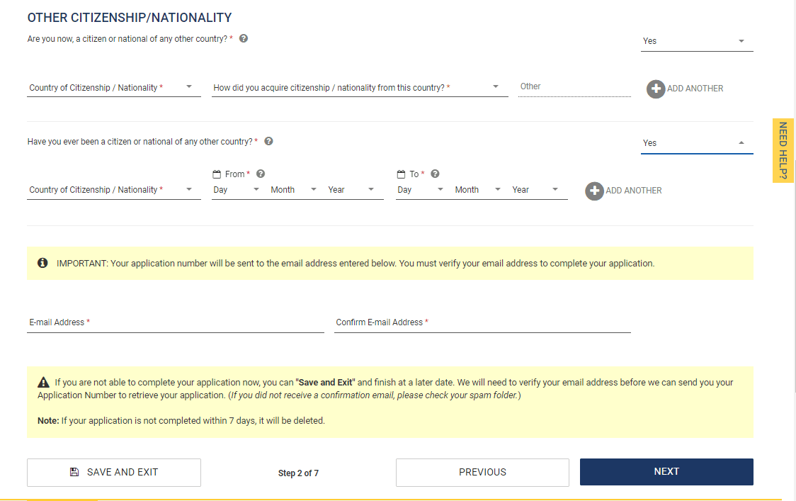 Other citizenship / nationality (aquí, las dos respondidas «Yes»)