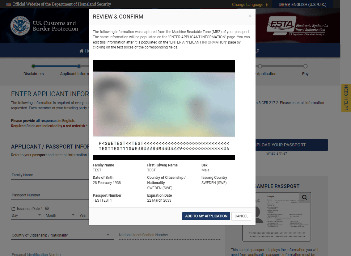 «Review & confirm»: lo que la lectura extrajo de su pasaporte