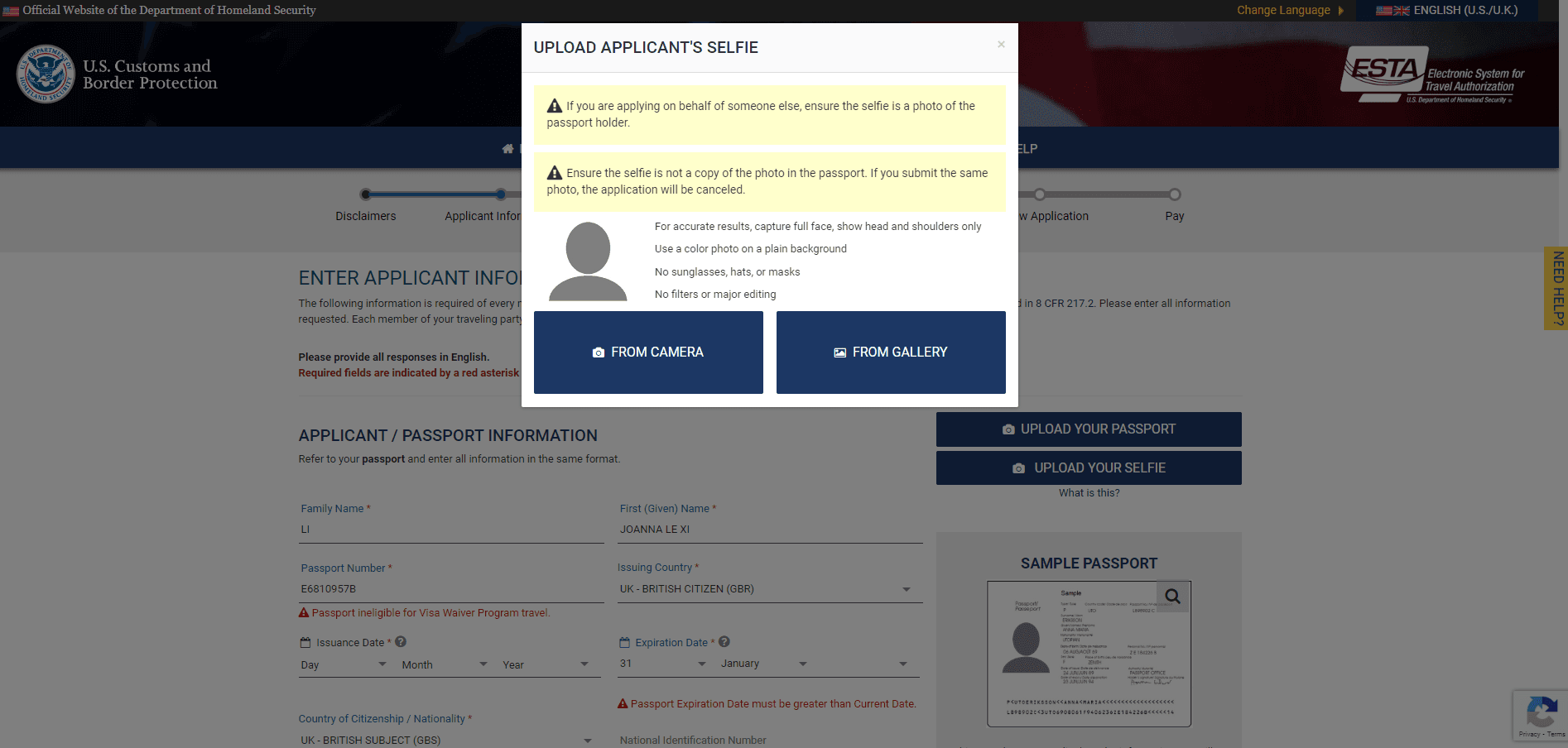 «Upload applicant's selfie» y sus requisitos