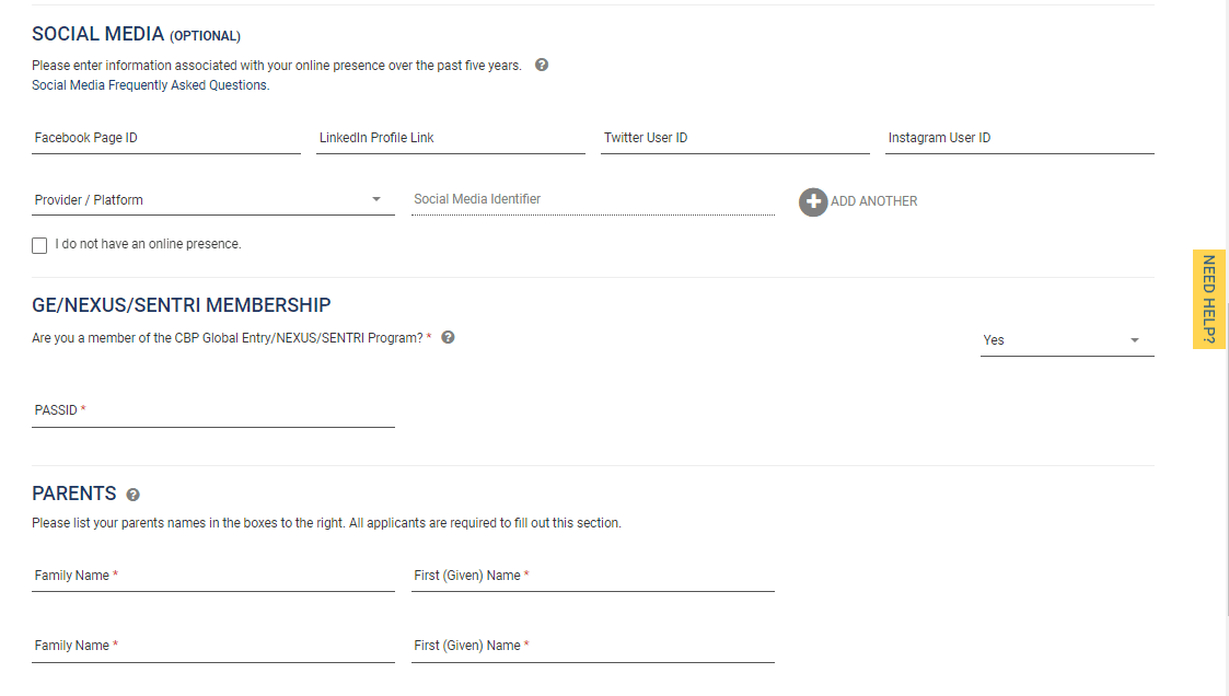 Redes sociales (opcional), Global Entry / NEXUS / SENTRI