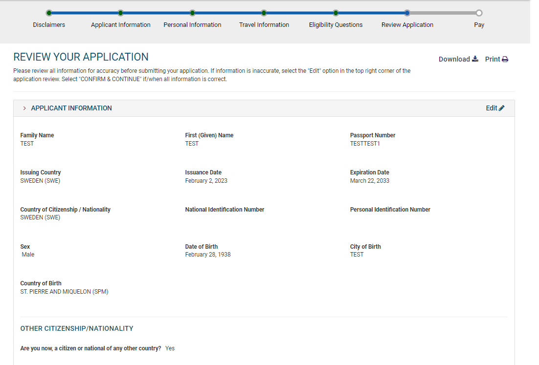 Revisión de la solicitud: la sección Applicant information desplegada