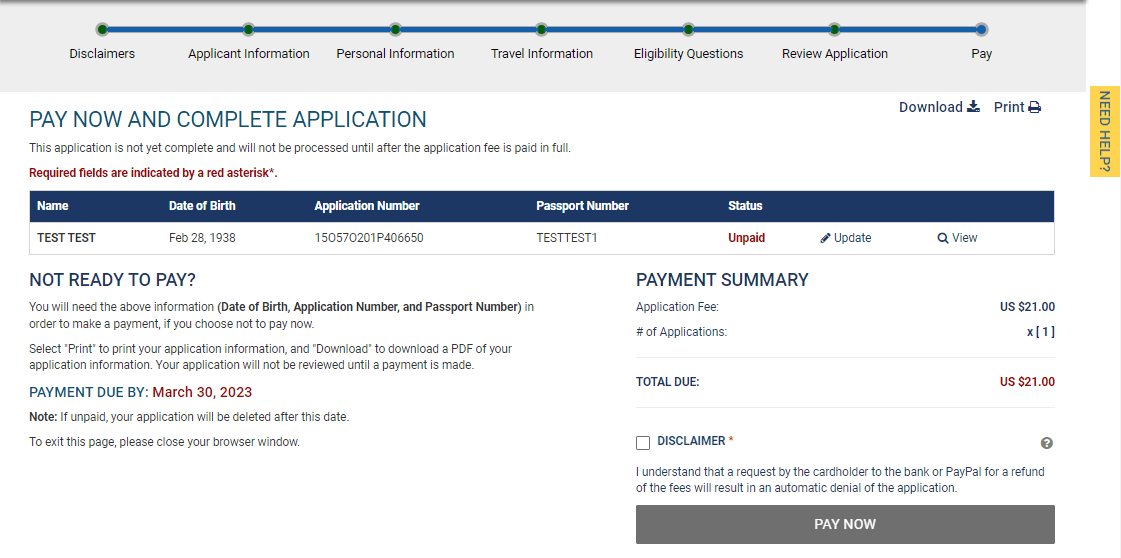 Pay now and complete application