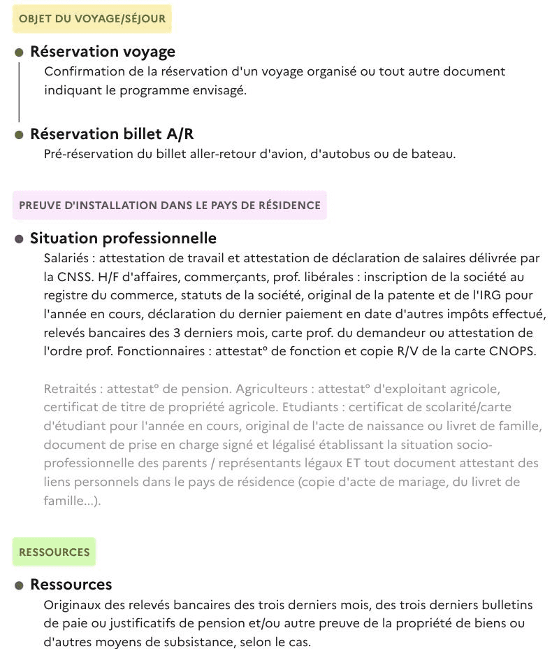 Résultat de l'assistant France-Visas : objet du voyage, situation professionnelle, ressources