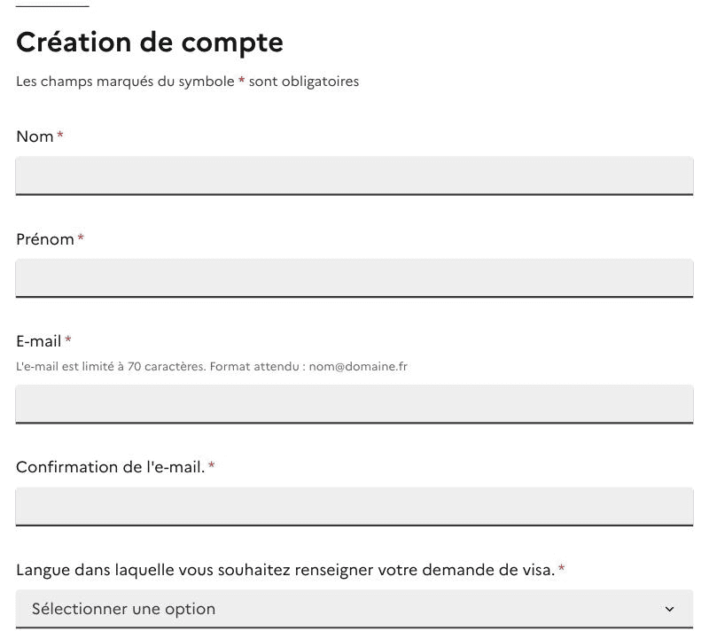 Page « Création de compte » de France-Visas