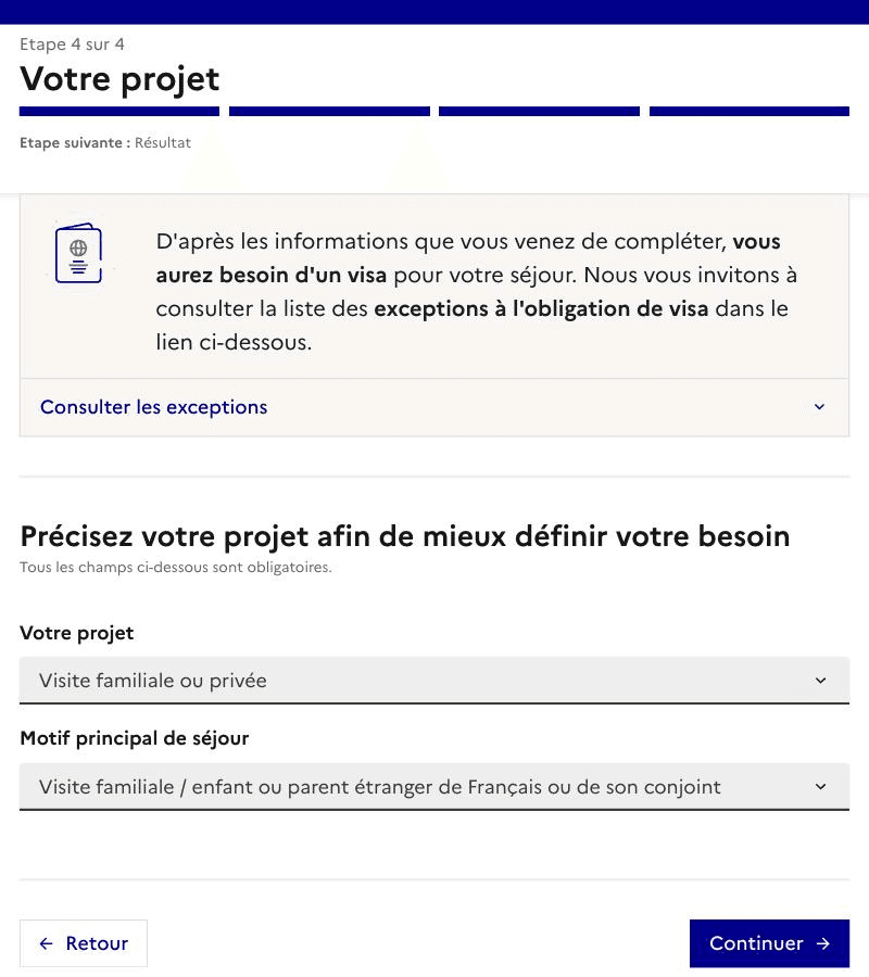 Assistant visa, étape 4 « Votre projet » : motif et motif principal du séjour