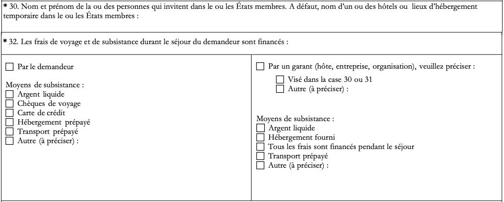 Formulaire officiel de demande de visa Schengen, extraits des cases 30 et 32