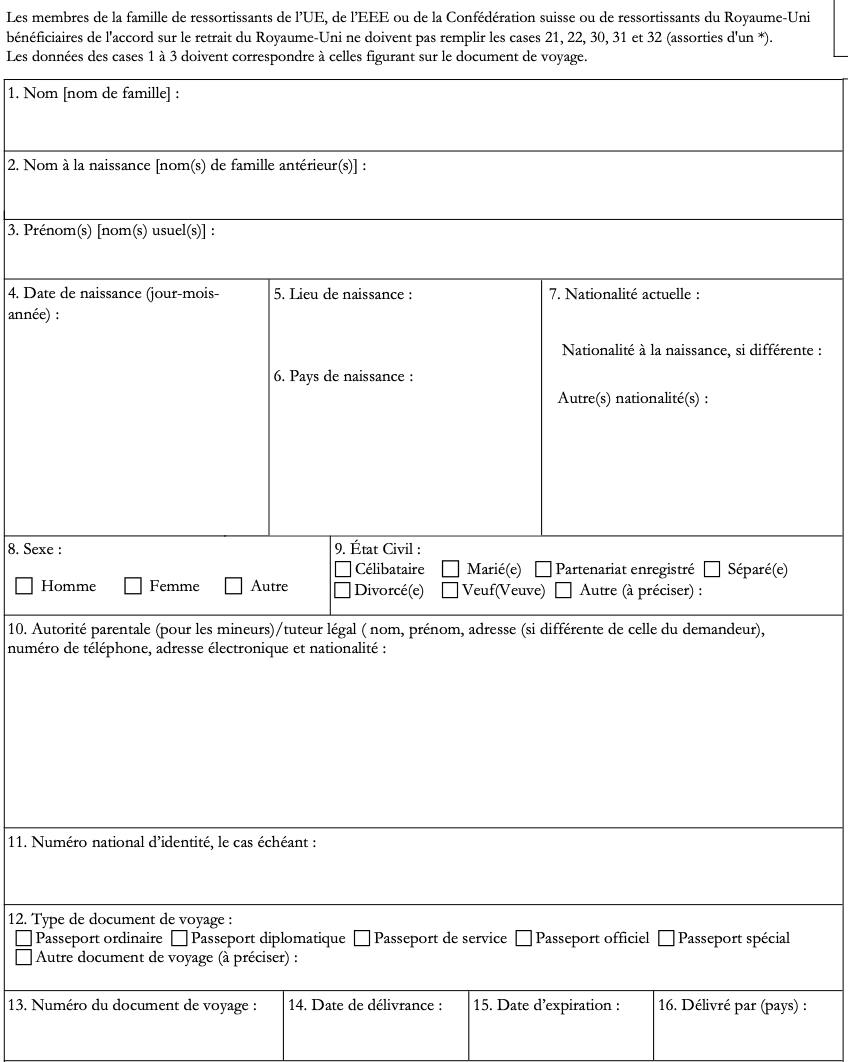 Formulaire officiel de demande de visa Schengen, cases 1 à 16