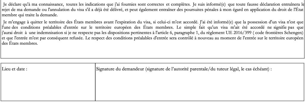 Formulaire officiel de demande de visa Schengen, dernière page : déclarations et signature