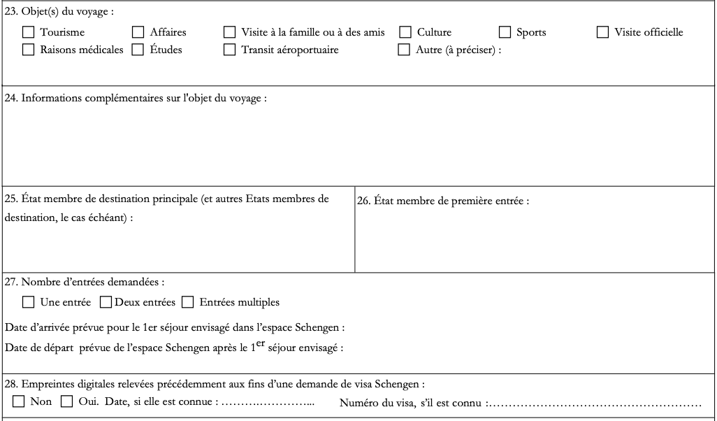 Formulaire officiel de demande de visa Schengen, cases 23 à 28