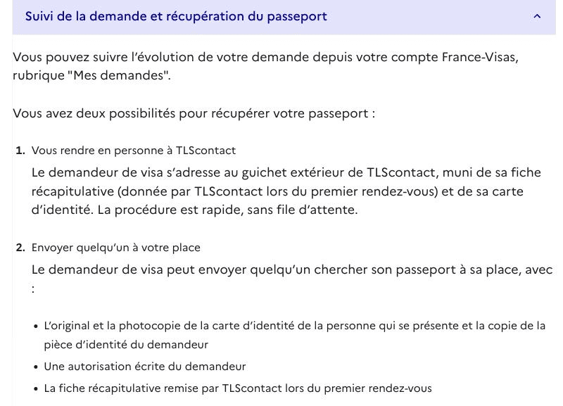 France-Visas, page Maroc : récupération du passeport en personne ou par un proche