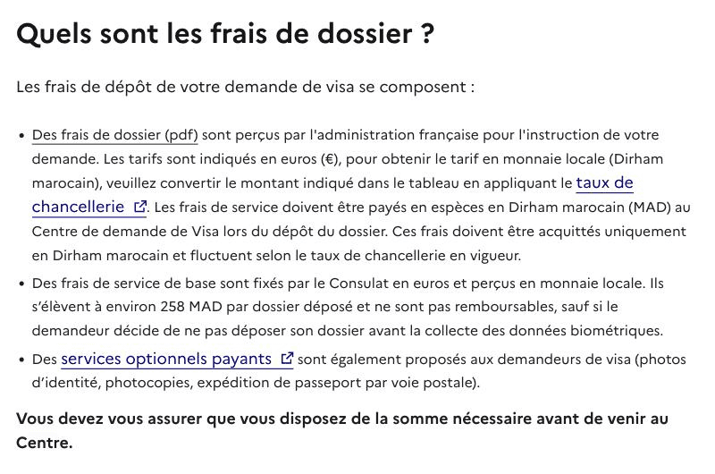 France-Visas, page Maroc : frais de dossier, frais de service d'environ 258 MAD, services optionnels