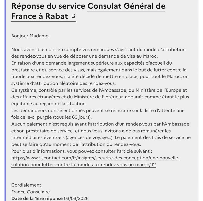 Réponse du consulat général de France à Rabat sur l'attribution aléatoire des rendez-vous au Maroc