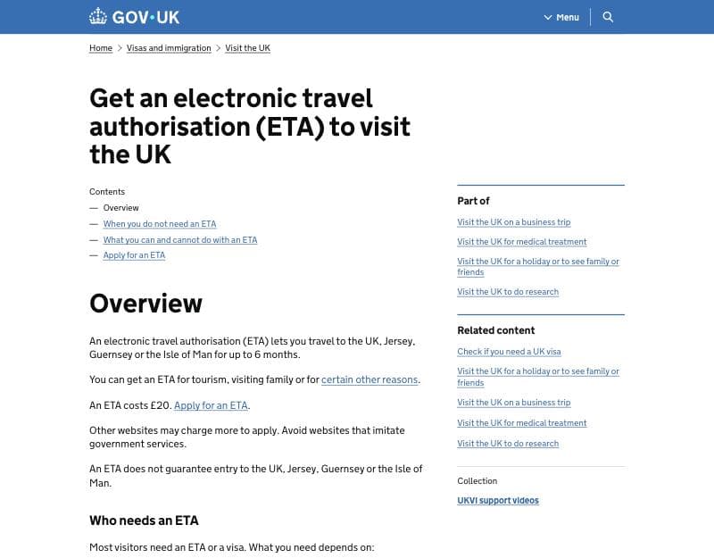 GOV.UK-Seite „Get an electronic travel authorisation (ETA) to visit the UK“, Übersicht mit der Gebühr von 20 £