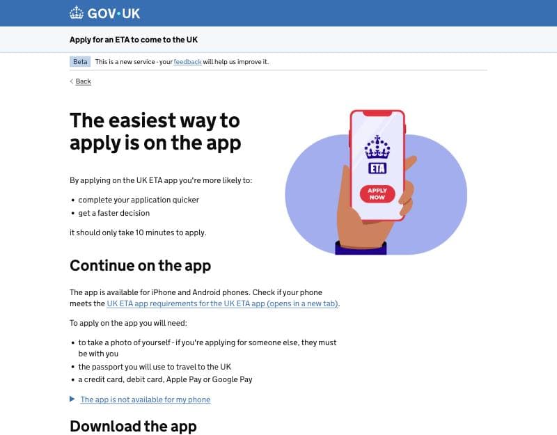 Home-Office-Bildschirm „The easiest way to apply is on the app“ mit dem Link für Smartphones, auf denen die App nicht läuft