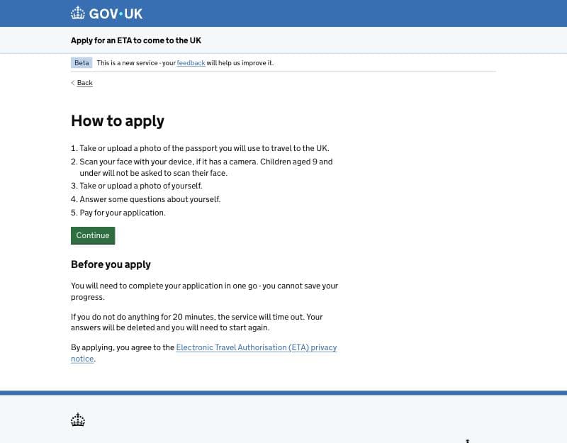 Home-Office-Bildschirm „How to apply“: die fünf Schritte des Online-Formulars, der 20-Minuten-Timeout und die Datenschutzerklärung